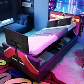 Łóżka dla dzieci i młodzieży - Łóżko dziecięce z pojemnikiem 90x200cm - styl e-sportowy - z oświetleniem LED - z wbudowanym uchwytem na telewizor - czarny + czerwony - miniaturka - grafika 1