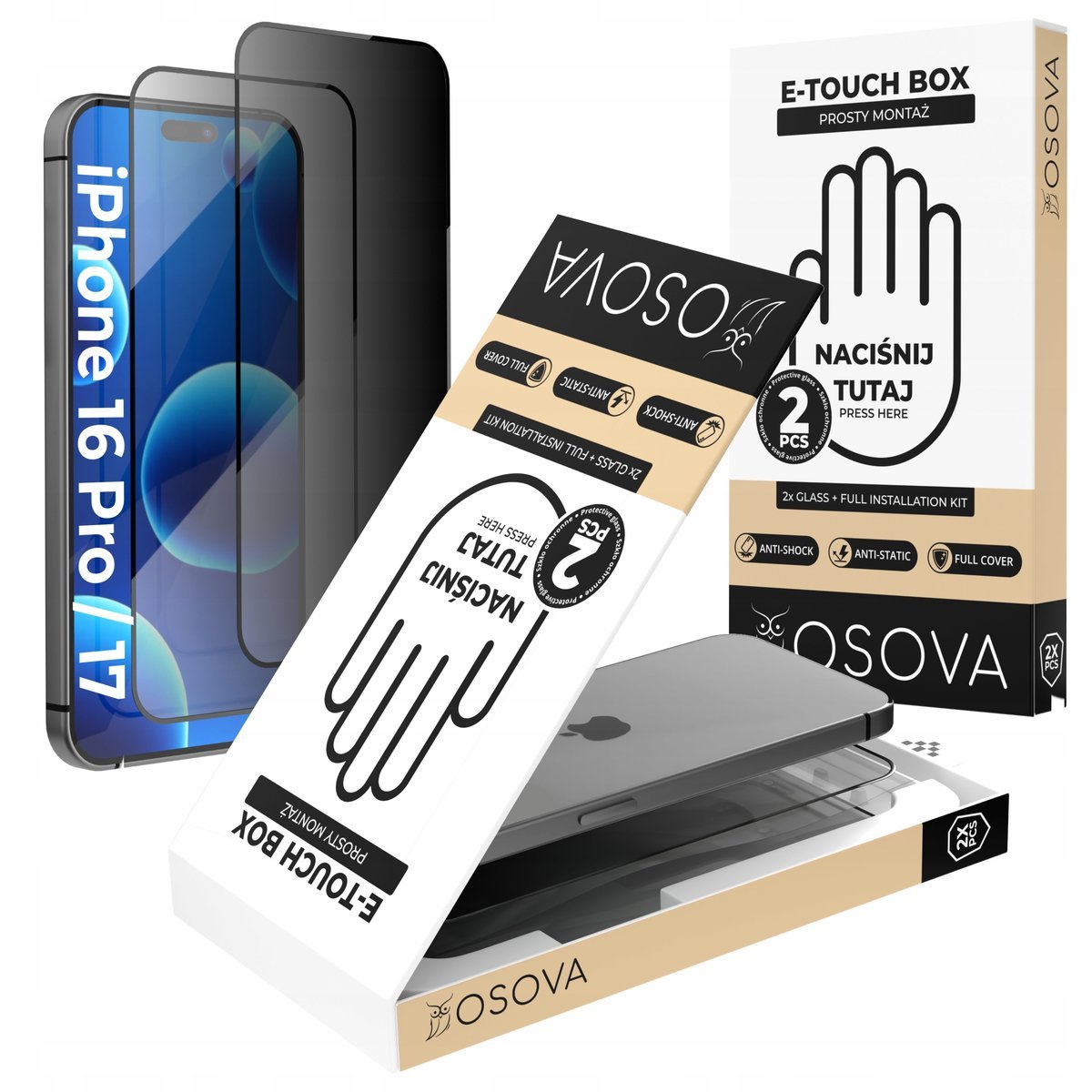 SZKŁO PRYWATYZUJĄCE OSOVA do iPhone 16 Pro|17 SZYBKA Z APLIKATOREM 2 sztuki