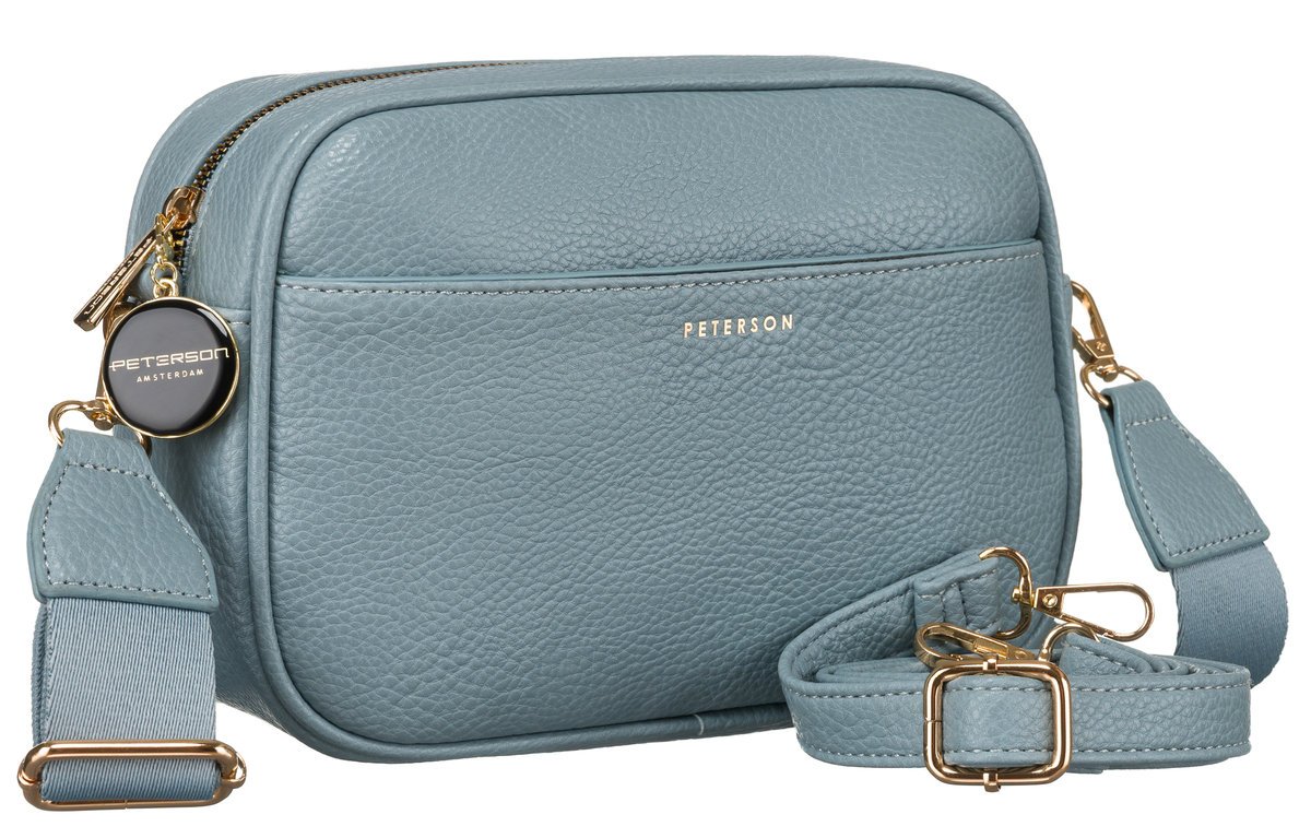 Niebieska modna listonoszka damska ze skóry ekologicznej PETERSON mała miejska torebka dwa paski w komplecie złote okucia kieszonki na suwak