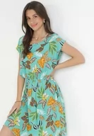 Sukienki - Miętowa Wiskozowa Sukienka Midi z Gumką w Pasie z Motywem Roślinnym Mireli - miniaturka - grafika 1