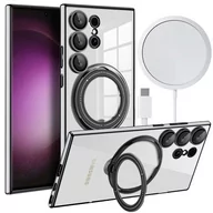 Etui i futerały do telefonów - Etui do Samsung Galaxy S24 Ultra obudowa magnetyczne Ring Mag Safe Clear magnes do uchwytu Alogy Czarne przezroczyste + Ładowarka Qi - miniaturka - grafika 1