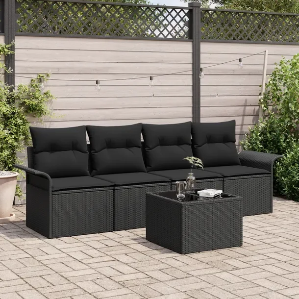 Zestaw Sofy Ogrodowej Modułowej z Rattanu, Czarny, Poduszki Kremowe, 60 cm