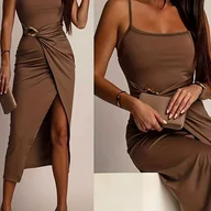 Sukienki - TEMU Elegancka Asymetryczna Sukienka Maksymalna w Stylu Syreny z Wiązaniem w Talii - Dopasowana, Wysoko Elastyczna, Jednokolorowa Brązowa Suknia - miniaturka - grafika 1