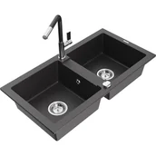 Zlewozmywaki z baterią - Mexen Mario zlewozmywak granitowy 2-komorowy z baterią kuchenną Flora, czarny nakrapiany - miniaturka - grafika 1