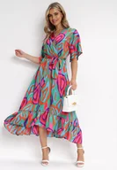 Sukienki - Zielono-Różowa Sukienka Cesetros - miniaturka - grafika 1