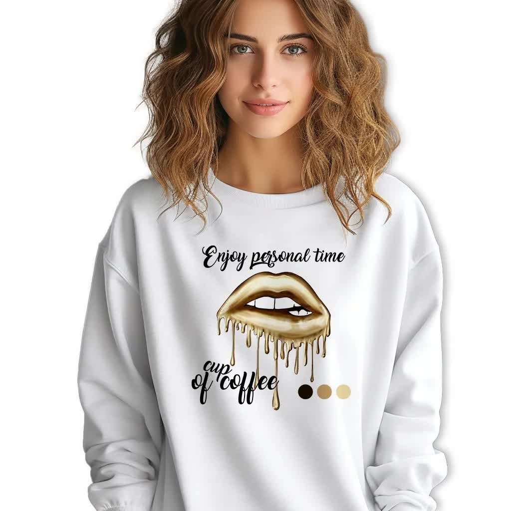 Biała Bluza Damska Dresowa ENJOY PERSONAL TIME Stylowa Modna Wz Rozmiar S