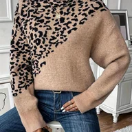 Swetry damskie - TEMU Elegancki Sweter Damski z Wysokim Kołnierzem w Lamparcie Cętki - Oversize, Luźny Krój ze Spuszczonym Ramieniem, Miękka Brązowo-Czarno-Beżowa - miniaturka - grafika 1