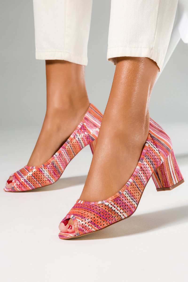 Różowe czółenka ażurowe peep toe damskie na ozdobnym słupku Casu D24X17-O-39