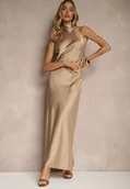Sukienki - Beżowa Sukienka Satynowa z Dekoltem Halter i Odkrytymi Plecami Belas - miniaturka - grafika 1