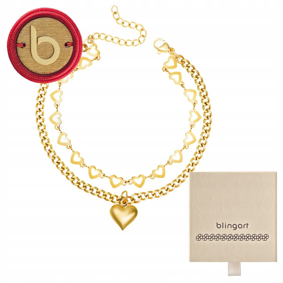 Bransoletka damska kaskadowa pozłacana serduszka regulowana BLINGART