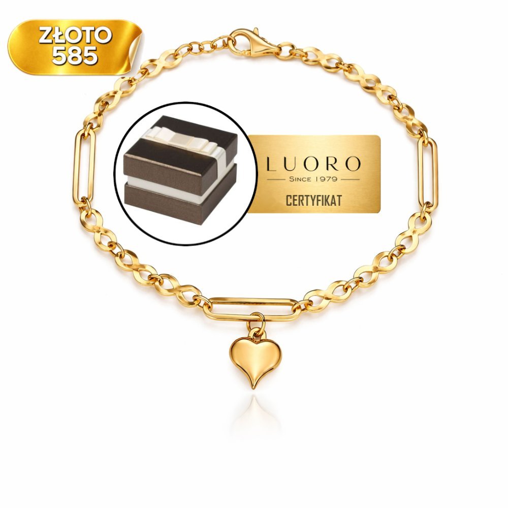 BRANSOLETKA ZŁOTA 585 14K ZNAKI NIESKOŃCZONOŚCI SERCE OWALE 19 CM