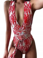 Stroje kąpielowe - WIĄZANY JEDNOCZĘŚCIOWY STRÓJ KĄPIELOWY Z DEKOLTEM CZERWONY ZWIERZĘCY S - miniaturka - grafika 1