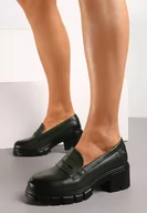 Półbuty damskie - Zielone Półbuty na Słupku z Bieżnikiem ze Skórzaną Wkładką i Przeszyciami Ivirana - miniaturka - grafika 1