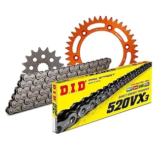 Zestaw łańcuchów DID Alu 520VX3 / 118 nitowy zamek pomarańczowy do KTM LC4 EXC EGS SX Enduro 620/640 ccm rok prod. 1997-2007 - Części motocyklowe - miniaturka - grafika 1