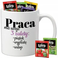 Kubki - Kubek Biały PRACA MA 3 ZALETY + 8 Herbat Loyd Śmieszne Mix Wzorów - miniaturka - grafika 1