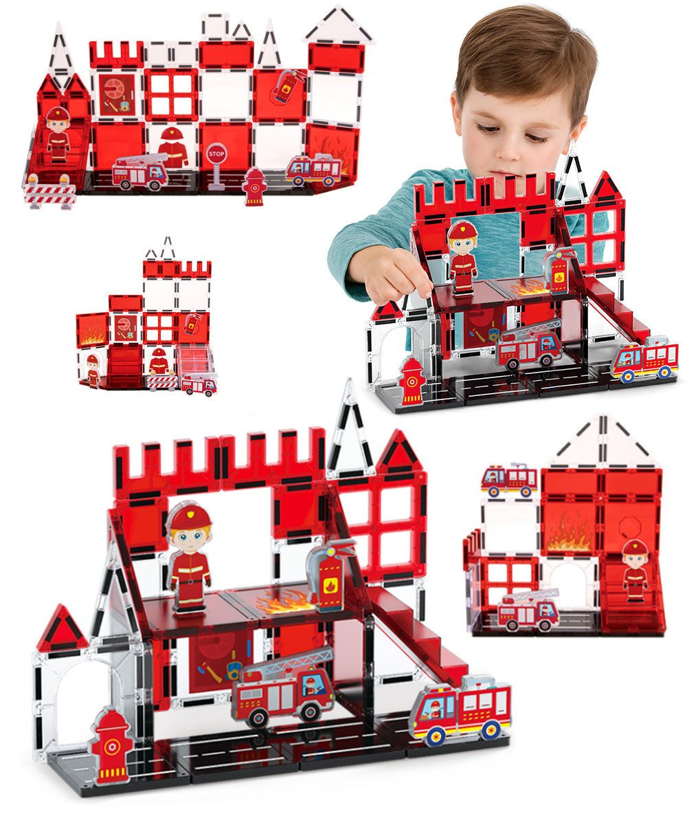 Klocki magnetyczne Straż Pożarna – zestaw strażacki 32 elementy z akcesoriami i naklejkami dla dzieci