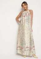 Sukienki - Żółta Satynowa Sukienka w Kwiaty z Ozdobnym Wiązaniem Fenasella - miniaturka - grafika 1