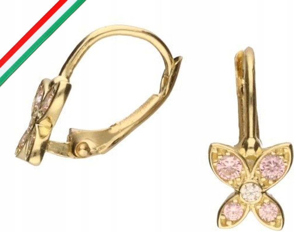 Złote kolczyki damskie 585 małe różowe motylki cyrkonie kobiece eleganckie