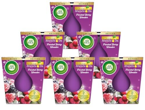 Air Wick Świeca zapachowa w szkle – zapach: Frosted Berry Wonder – czas palenia do 20 godzin – zawiera naturalne olejki eteryczne – zestaw świec zapachowych 6 x 105 g, kolor fioletowy