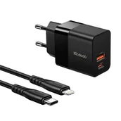 Ładowarki do telefonów - Ładowarka sieciowa Mcdodo CH-1952 USB + USB-C, 20W + kabel USB-C do Lightning (czarna) - miniaturka - grafika 1