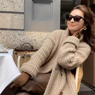 Swetry damskie - TEMU Francuski Styl Vintage Tweedowa Marynarka - Elegancka Kurtka z Guzikami i Otwartym Kołnierzem, Jednokolorowy Płaszcz Zimowy na Jesień/Zimę, Do - miniaturka - grafika 1