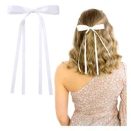 Ozdoby do włosów - Spinka do Włosów Biała Długa Kokarda Wsuwka Satynowa Wstążka Efektowna - miniaturka - grafika 1