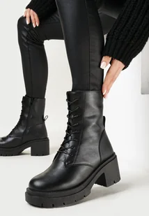 Czarne Botki na Platformie z Ekoskóry ze Sznurowaniem Vesta - Botki damskie - miniaturka - grafika 1