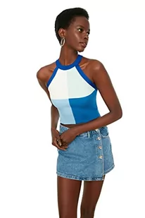 Trendyol Damska bluzka z dzianiny slim bodycon wiązana na szyi, NIEBIESKI, XS - Body - miniaturka - grafika 1