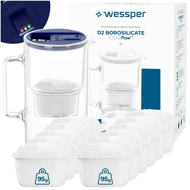 Szklany dzbanek filtrujący Wessper D2 BOROSILICATE 3l futureflow +12x filtr
