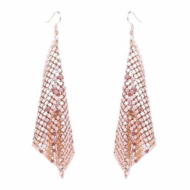 Kolczyki różowe złoto miedziane wiszące lekkie podłużne efektowne cudne