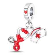 Wisiorki - Zawieszka Charms SREBRO 925 Koralik Czapka Pielęgniarki i Stetoskop - miniaturka - grafika 1