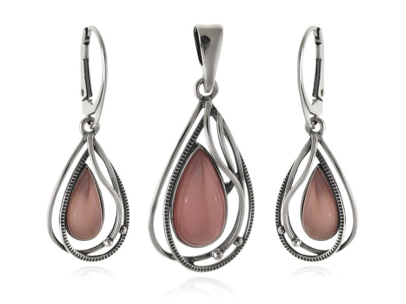 Komplet z kamieniem Kocie oko różowe z0757