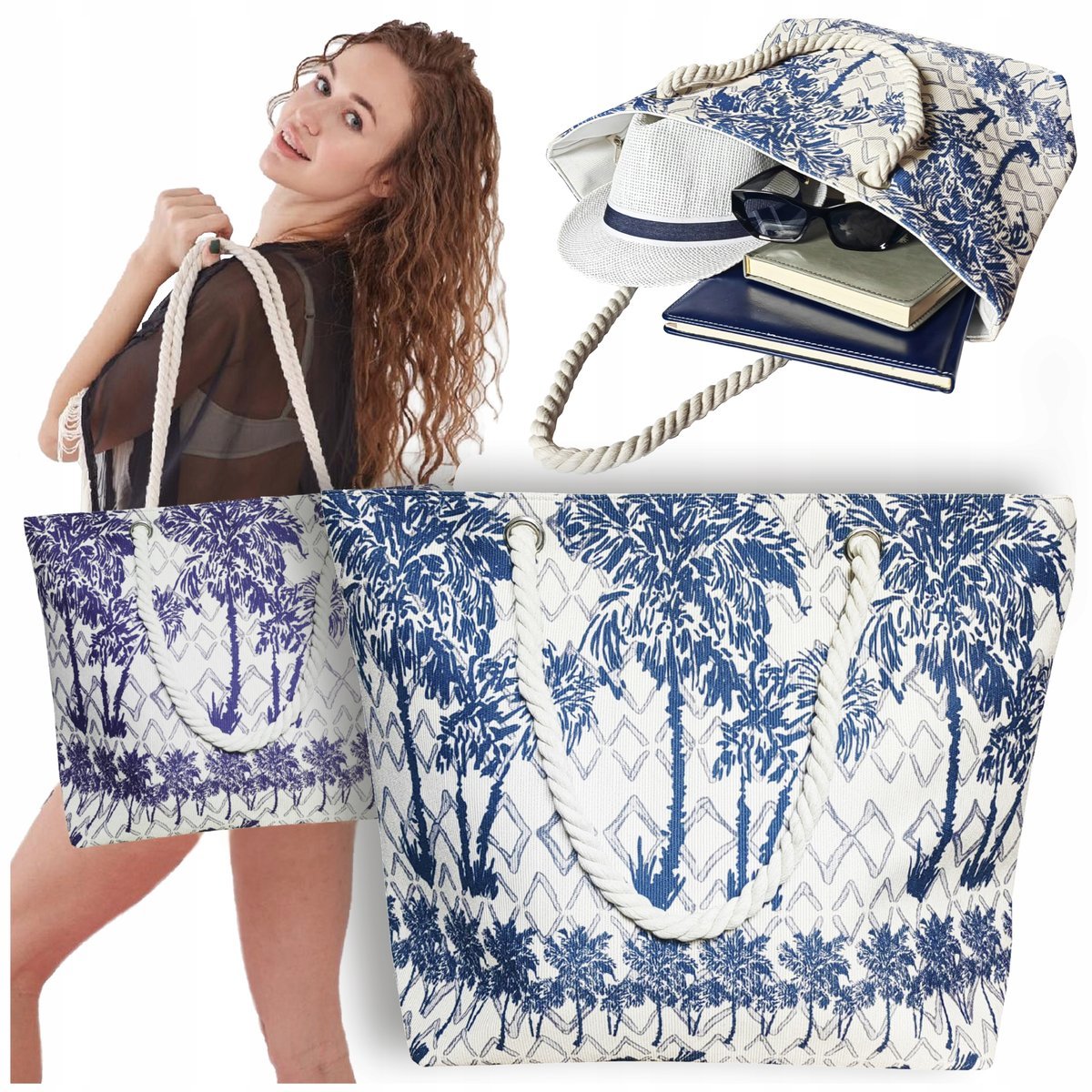 TORBA PLAŻOWA MARYNARSKA W PASKI ZAPINANA MIEJSKA SHOPPER NA ZAKUPY PLAŻĘ