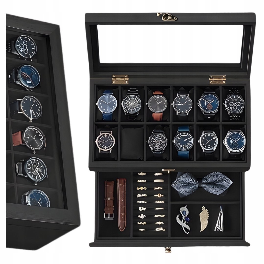 DREWNIANE PUDEŁKO NA BIŻUTERIĘ Z AKSAMITNĄ TACĄ ORGANIZER 2-POZIOMOWY ETUI