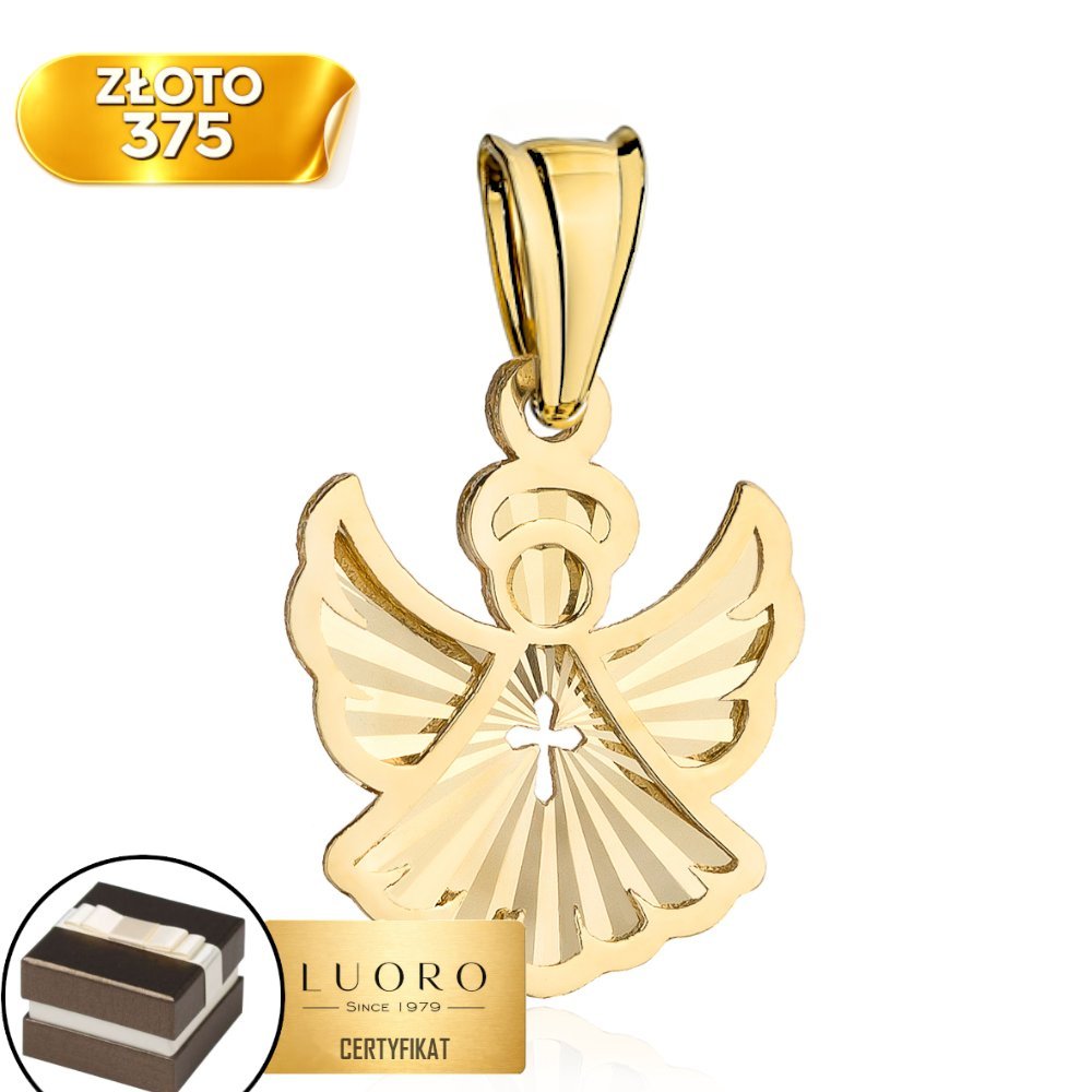 ZAWIESZKA ZŁOTA 375 DIAMENTOWANY ANIOŁEK DELIKATNY PREZENT 1,6 CM