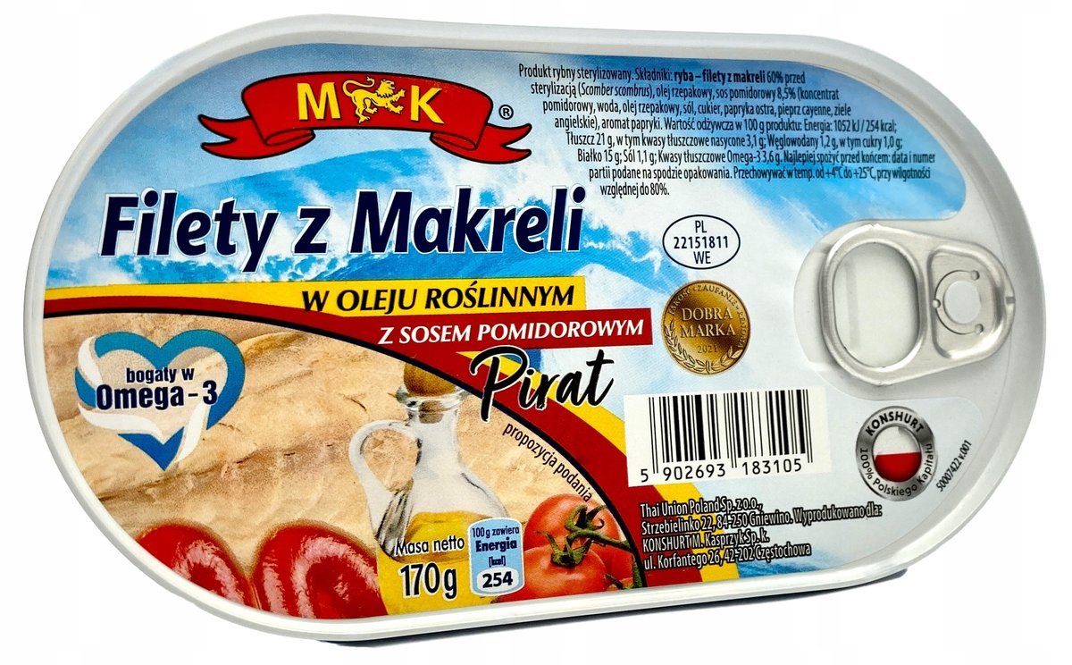 FILETY Z MAKRELI W OLEJU z Sosem POMIDOROWYM PIRAT 170G MK