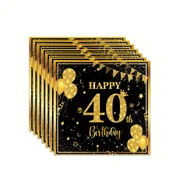 Inne - Serwetki na 40. urodziny (20 sztuk) - Eleganckie czarne i złote jednorazowe serwetki papierowe ze złotym balonem, elegancki na przyjęcia, idealne na - miniaturka - grafika 1