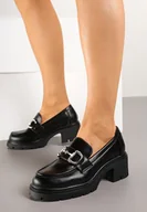 Półbuty damskie - Czarne Półbuty na Obcasie w Stylu Mokasynów z Metaliczną Ozdobą Iselina - miniaturka - grafika 1