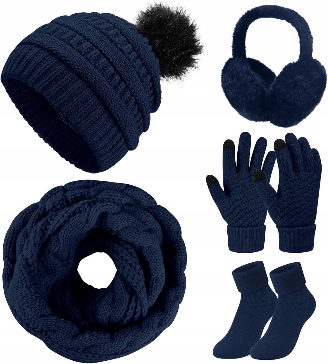 ZESTAW ZIMOWY 5 w 1 CZAPKA KOMIN RĘKAWICZKI SKARPETKI NAUSZNIKI GRANATOWE