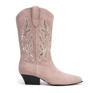 Półbuty męskie - Damskie kowbojki z zamszu wsuwane beżowe - miniaturka - grafika 1