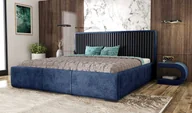 Łóżka - Łóżko tapicerowane AGMAT WOOD z wezgłowiem, 180 x 200 cm, łóżko podwójne z podstawą łóżka i metalową ramą z listew, tkanina welurowa: niebieski - miniaturka - grafika 1