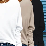 Bluzki damskie - TEMU 3 szt. Damskie T-shirty z Długim Rękawem i Okrągłym Dekoltem - Miękkie i Wygodne, Jednokolorowe, na Jesień i Zimę, Styl Casual, Możliwość Prania - miniaturka - grafika 1
