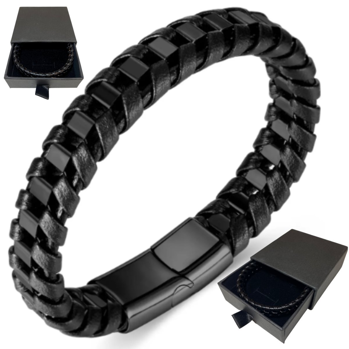 Nowoczesna Bransoletka Męska Skórzana Czarna Prezent Dla Chłopaka
