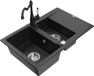 Mexen Gaspar zlewozmywak granitowy 1,5-komorowy z ociekaczem i baterią kuchenną Carla czarny/srebrny metalik - 6507-73-670700-70 - Zlewozmywaki z baterią - miniaturka - grafika 1