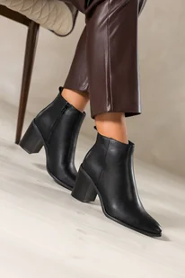 Czarne botki skórzane damskie Sergio Leone obcas słupek ozdobne przeszycie na cholewce YG74619-H - Botki damskie - miniaturka - grafika 1