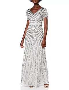 Maya Deluxe Damska sukienka maxi z cekinami, długa sukienka z krótkim rękawem, dekolt w serek, wysoka talia imperium, szlif A, błyszcząca studniówka, ślub, druhna, Delikatny szary, 32 - Sukienki - miniaturka - grafika 1