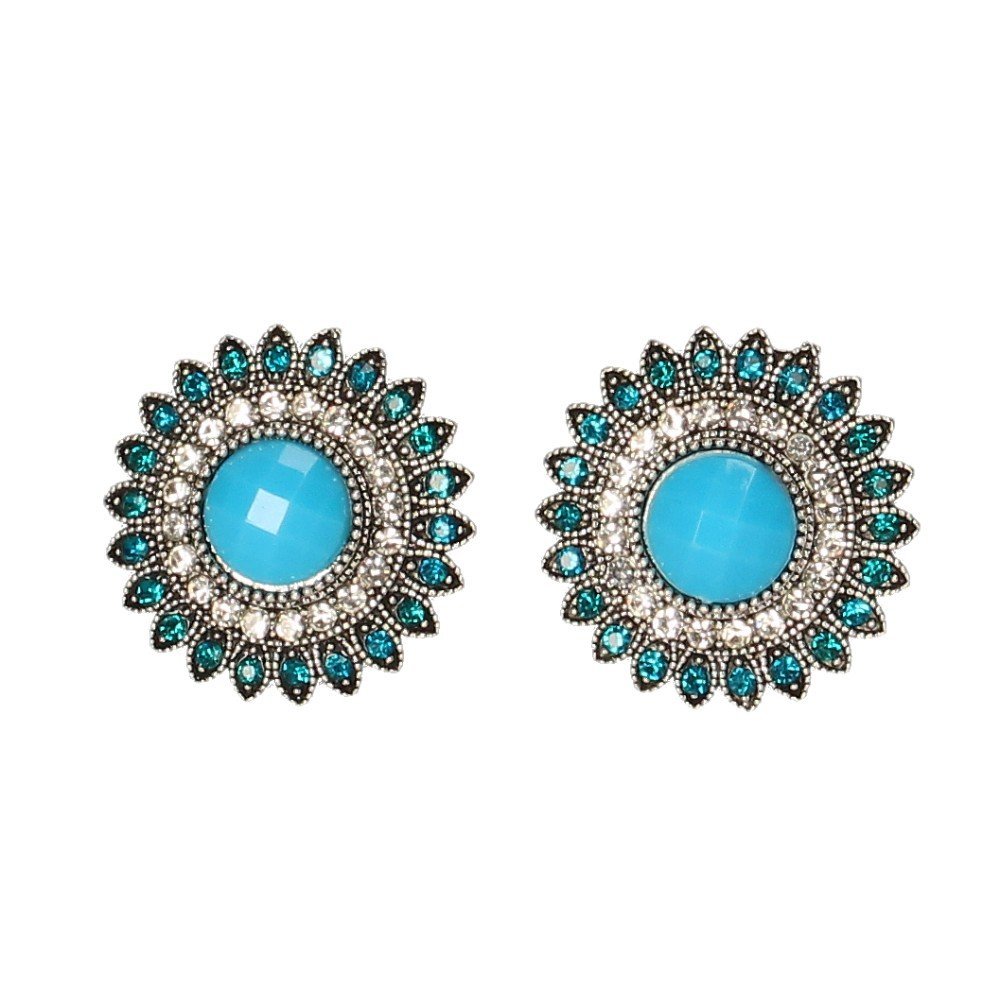 Klipsy do uszu srebrne turkusowe- retro okrągłe, vintage