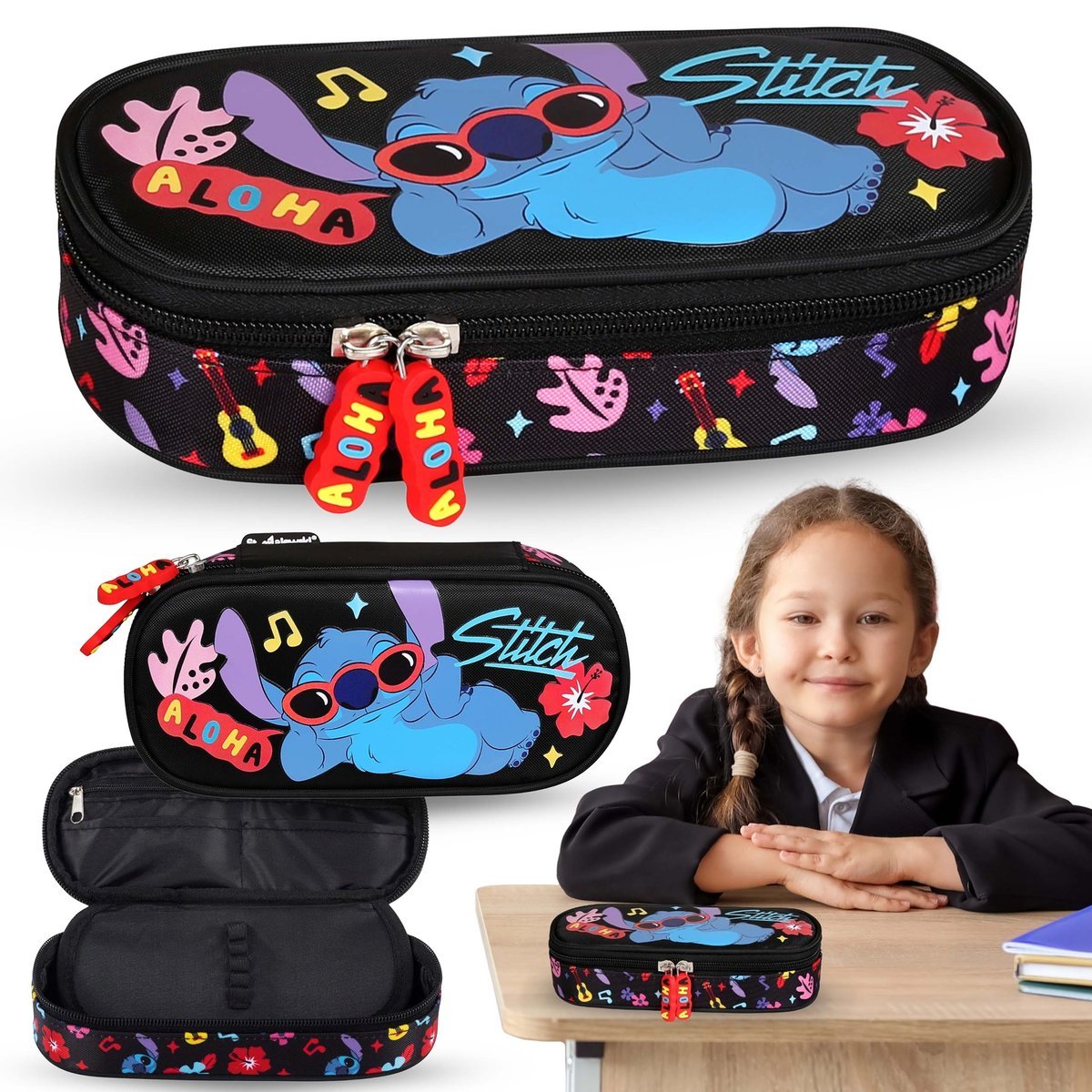 DISNEY Stitch ALOHA Czarny, KOMOROWY piórnik szkolny, saszetka dla dziewczynki 5x20x9cm