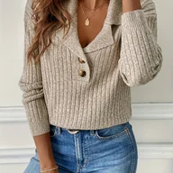 Swetry damskie - TEMU Sweter Damski Elegancki Jednokolorowy - Długi Rękaw, Kołnierzyk Henley z Guzikami, Lekki i Prany w Pralce, Wszechstronny do Warstwowania, Miękka - miniaturka - grafika 1