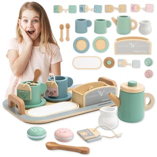 Duży, drewniany zestaw do herbaty z tacą - 18 elementów - Zabawki AGD - miniaturka - grafika 1